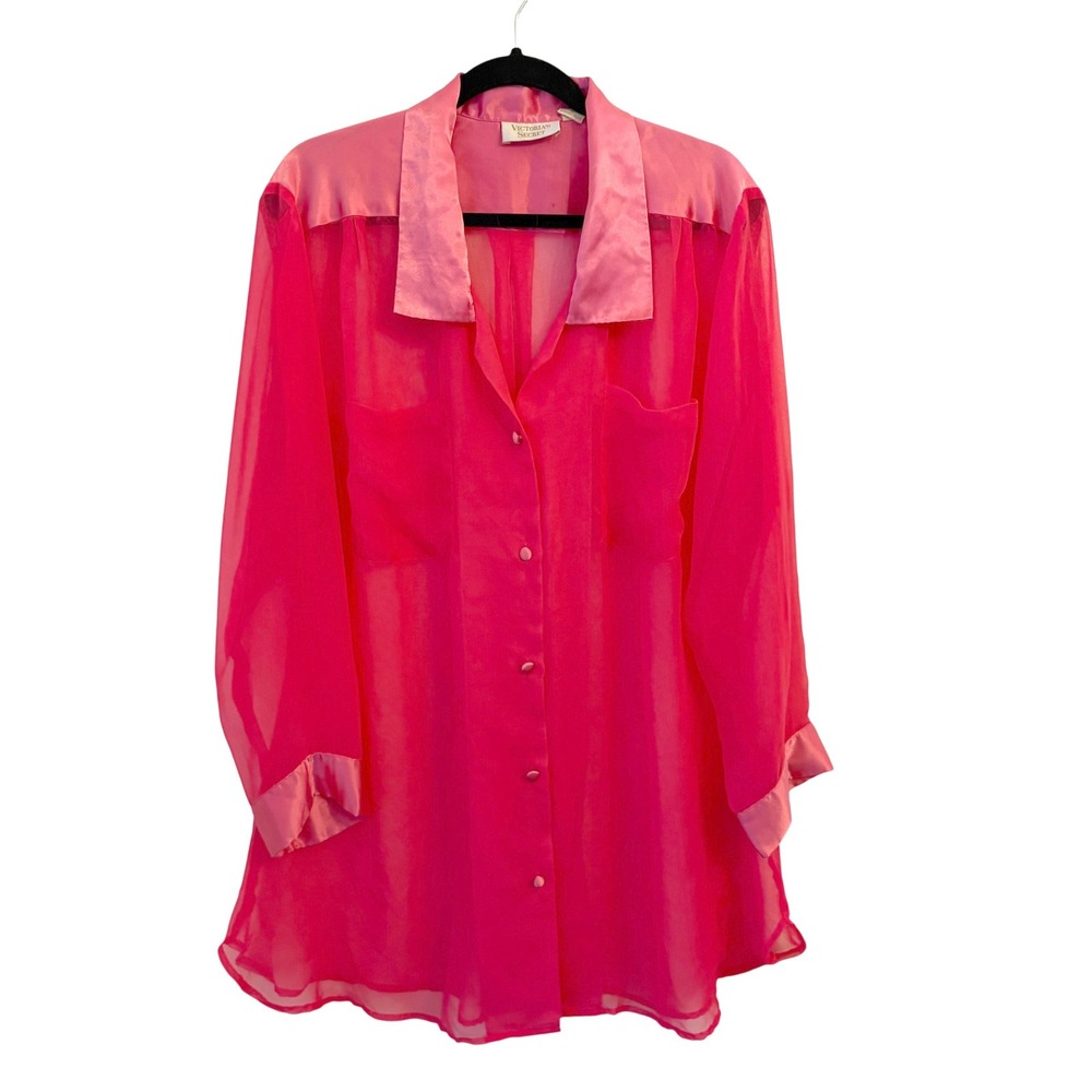 Vintage Victorias Secret Sleep Shirt M Neon Pink Sheer Satin Gold Label Pajamas